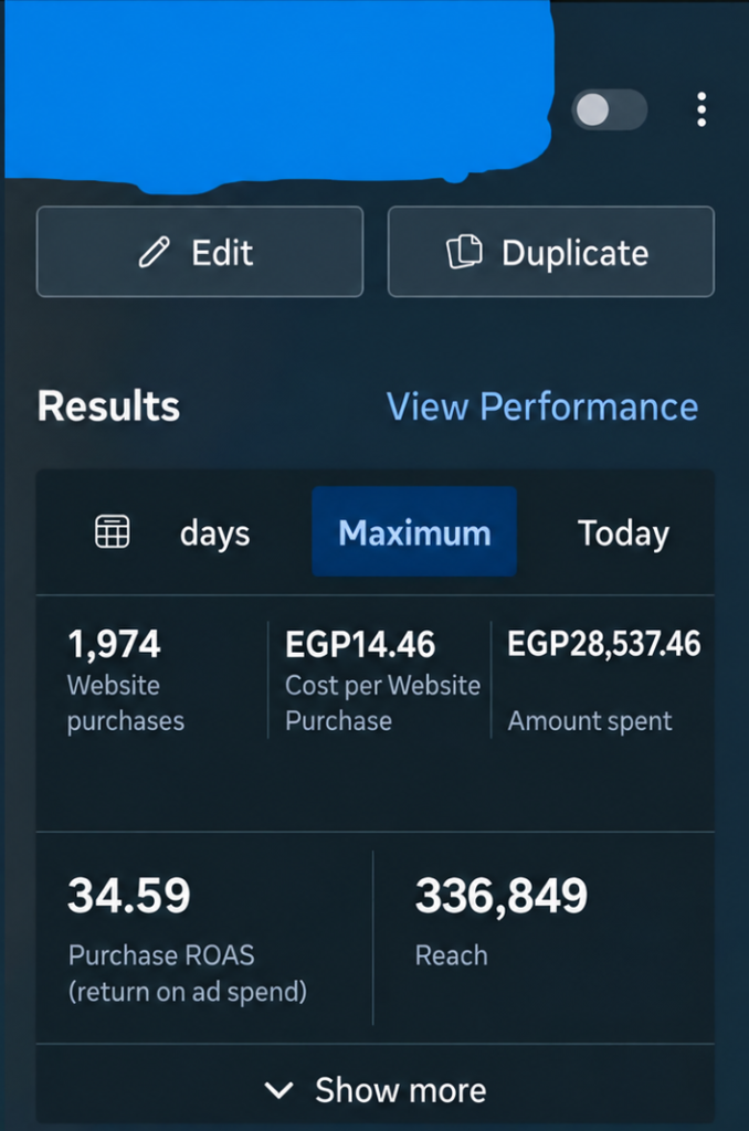 نتائج حملة متجر إلكتروني ROAS 34.59